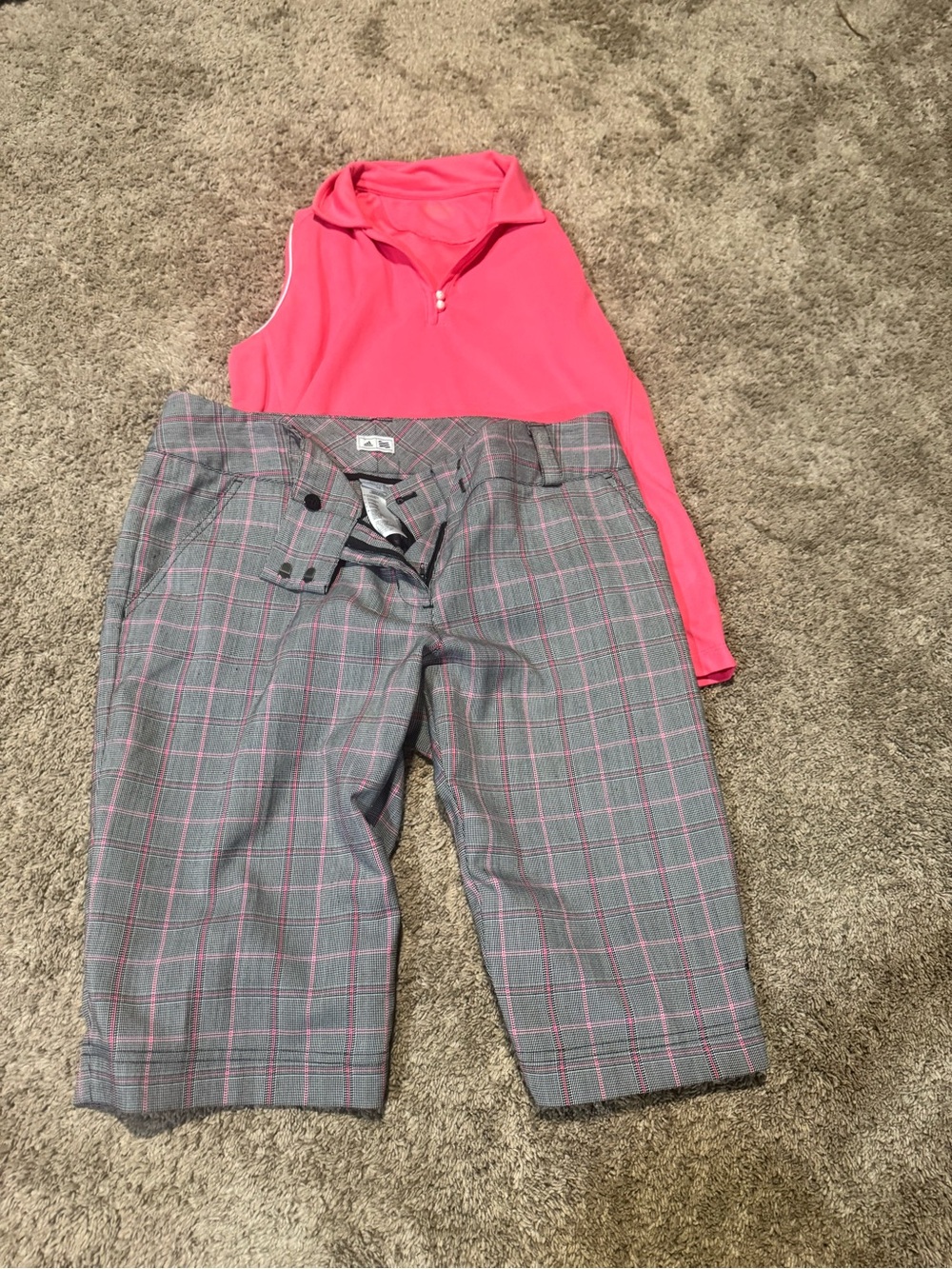 GOLF OUTFIT. adidas Women's Gray Plaid Golf Shorts with Pink Accents